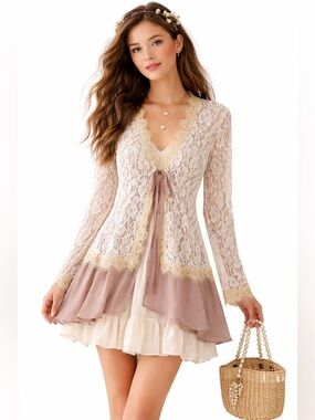 A’reve Lace Tie Front Cardigan Boho Sheer Crochet Duster Top L Romantic Fairy